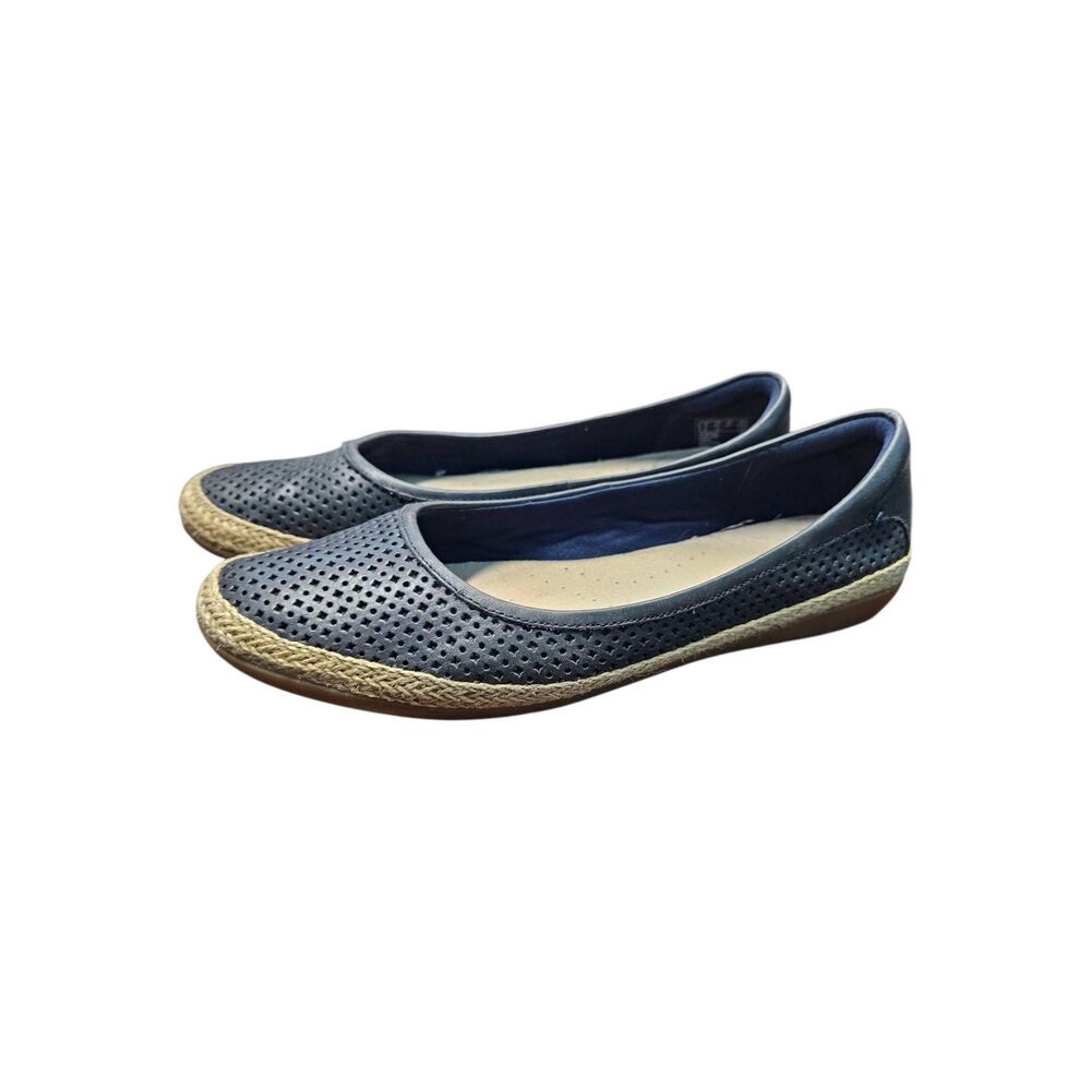 Clarks Navy Blue Leather Perforated Flats Womens Size 8.5
